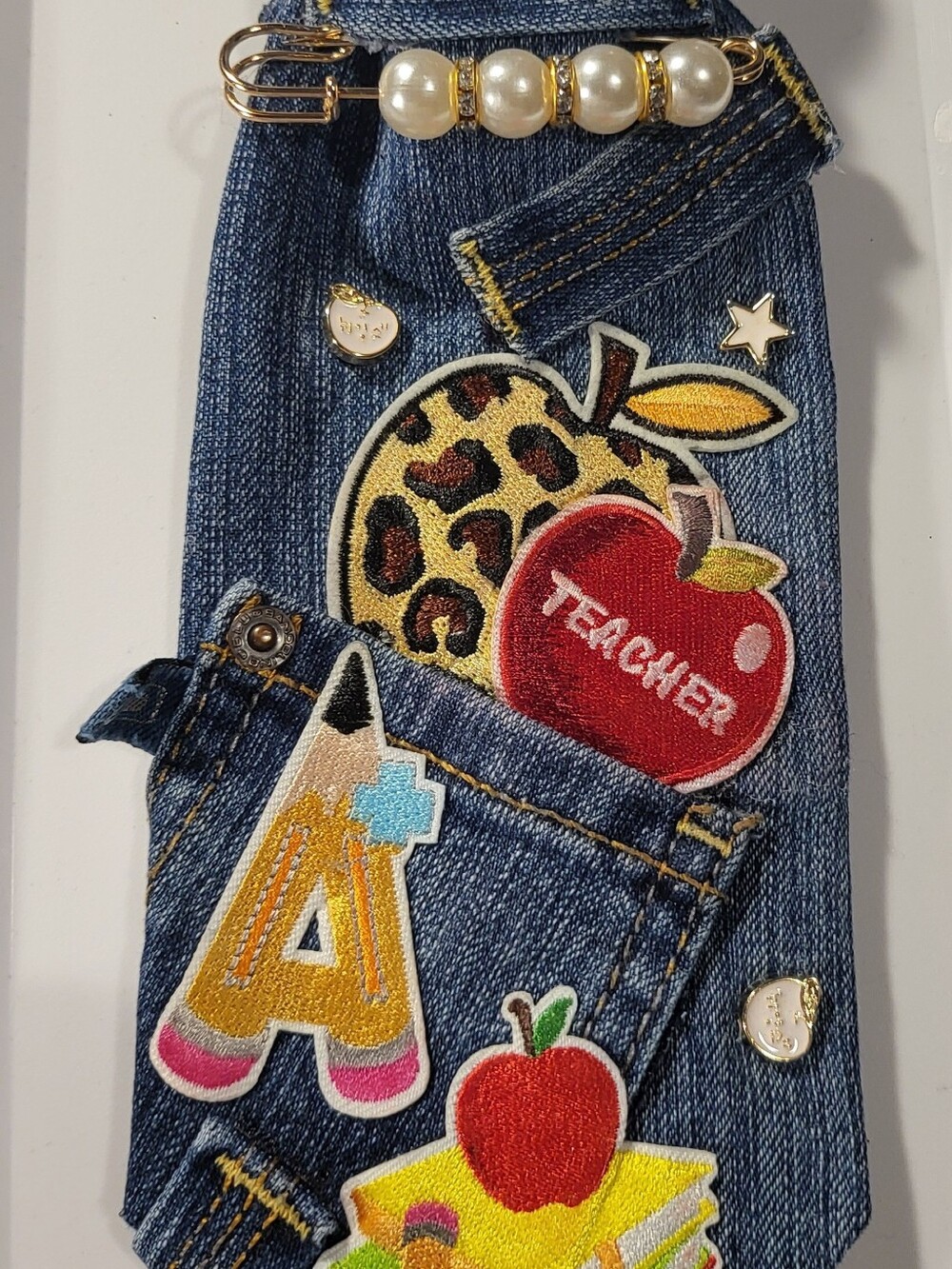 Teacher Denim Neck Tie with Colorful Apple & Patch Details - Blue